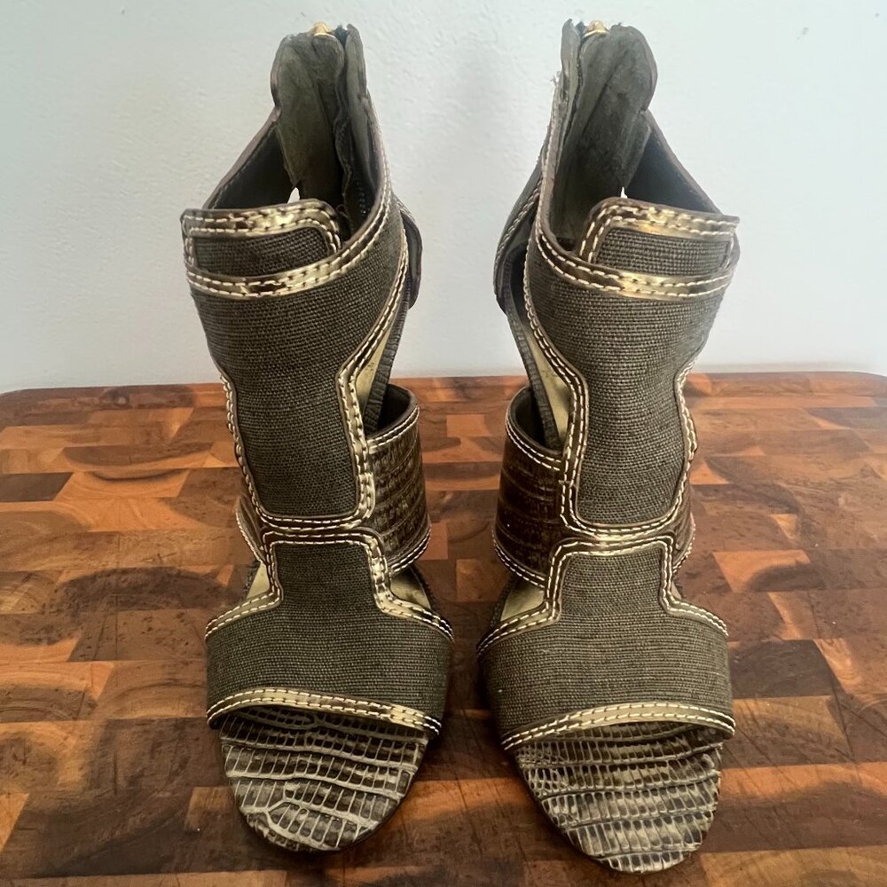 $395 Tory Burch Olive Croc & Gold Trim Gold Heels Size 6 Authentic Worn Once